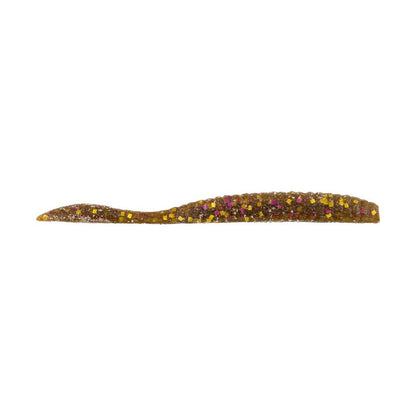 The Berkley PowerBait MaxScent Flat Worm by Berkley is a brown, worm-shaped scented fishing lure with yellow and pink glittery specks, shown against a plain white background.