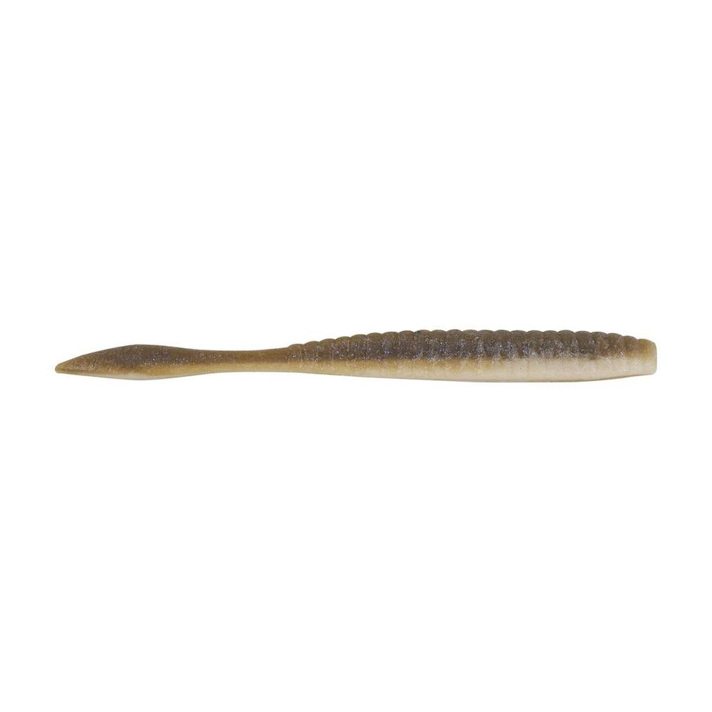 A Berkley PowerBait MaxScent Flat Worm by Berkley, this brown and beige soft plastic fishing lure features a ribbed body and pointed tail, mimicking a small baitfish. The scented bait is displayed on a white background.