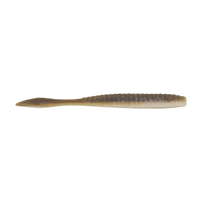 A Berkley PowerBait MaxScent Flat Worm by Berkley, this brown and beige soft plastic fishing lure features a ribbed body and pointed tail, mimicking a small baitfish. The scented bait is displayed on a white background.