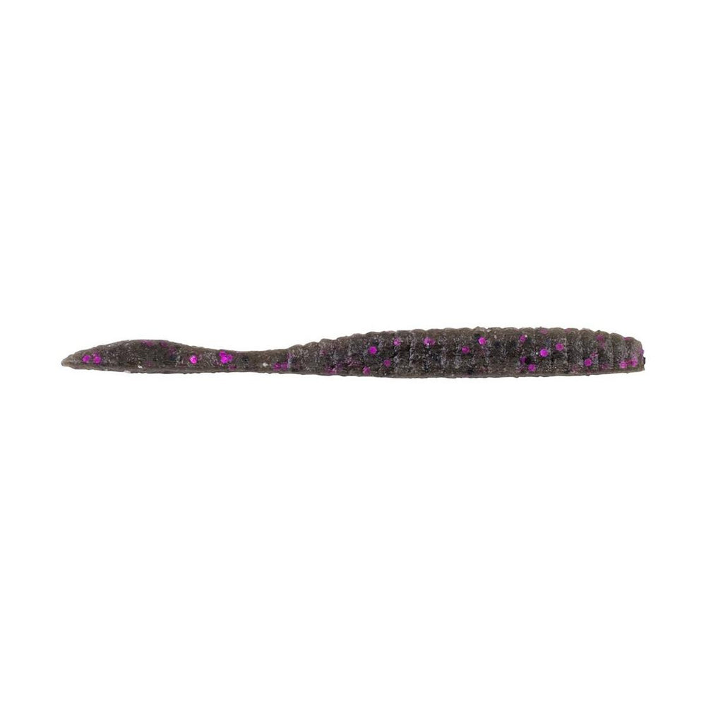 The Berkley Powerbait MaxScent Flat Worm by Berkley is a soft plastic, dark brown lure with purple and black specks—ideal scented bait for drop shot presentations. Shown here on a white background.