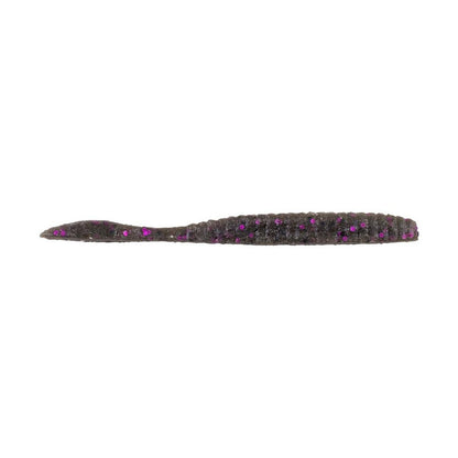 The Berkley Powerbait MaxScent Flat Worm by Berkley is a soft plastic, dark brown lure with purple and black specks—ideal scented bait for drop shot presentations. Shown here on a white background.