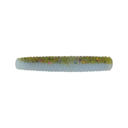The Berkley PowerBait MaxScent Lil' General is a soft, segmented fishing lure in a gradient olive green and pale white color scheme with multicolored glitter flecks, ideal for finesse presentations and irresistible to fish.
