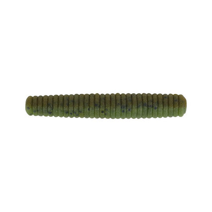 The Berkley Powerbait MaxScent Lil' General is a green, soft plastic cylindrical fishing lure with a ribbed texture, designed by Berkley to resemble a worm, ideal for finesse presentations.