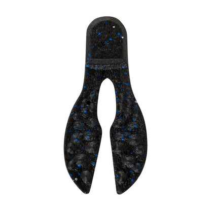 The Berkley Powerbait MaxScent Meaty Chunk, a black and blue speckled soft plastic lure with a cylindrical top and dual paddle-like tails, is supercharged with MaxScent for realistic aquatic mimicry.