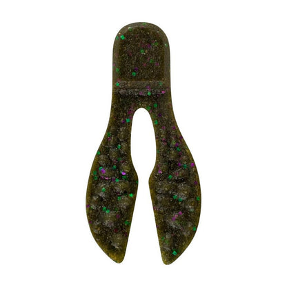 The Berkley Powerbait MaxScent Meaty Chunk by Berkley is a green and brown soft plastic lure shaped like a crawfish with lifelike claws, infused with PowerBait MaxScent to glitter in water and attract big catches.