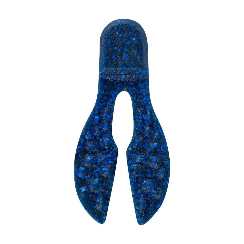 The Berkley Powerbait MaxScent Meaty Chunk by Berkley is a blue glittery soft plastic fishing lure with a rounded top and split tail design, offering super-charged scent and life-like action.