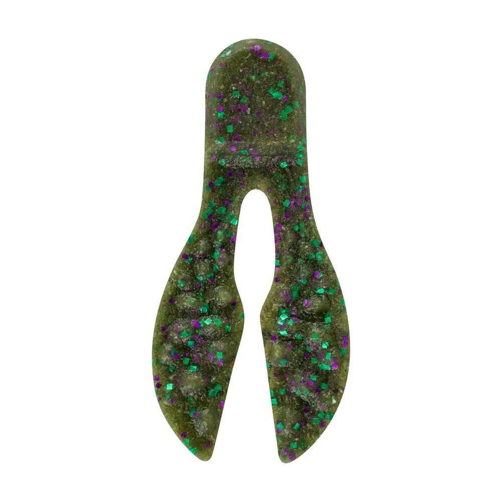 The Berkley Powerbait MaxScent Meaty Chunk by Berkley is a soft plastic lure with a forked tail, featuring green color with purple and green glitter for lifelike action that attracts fish.