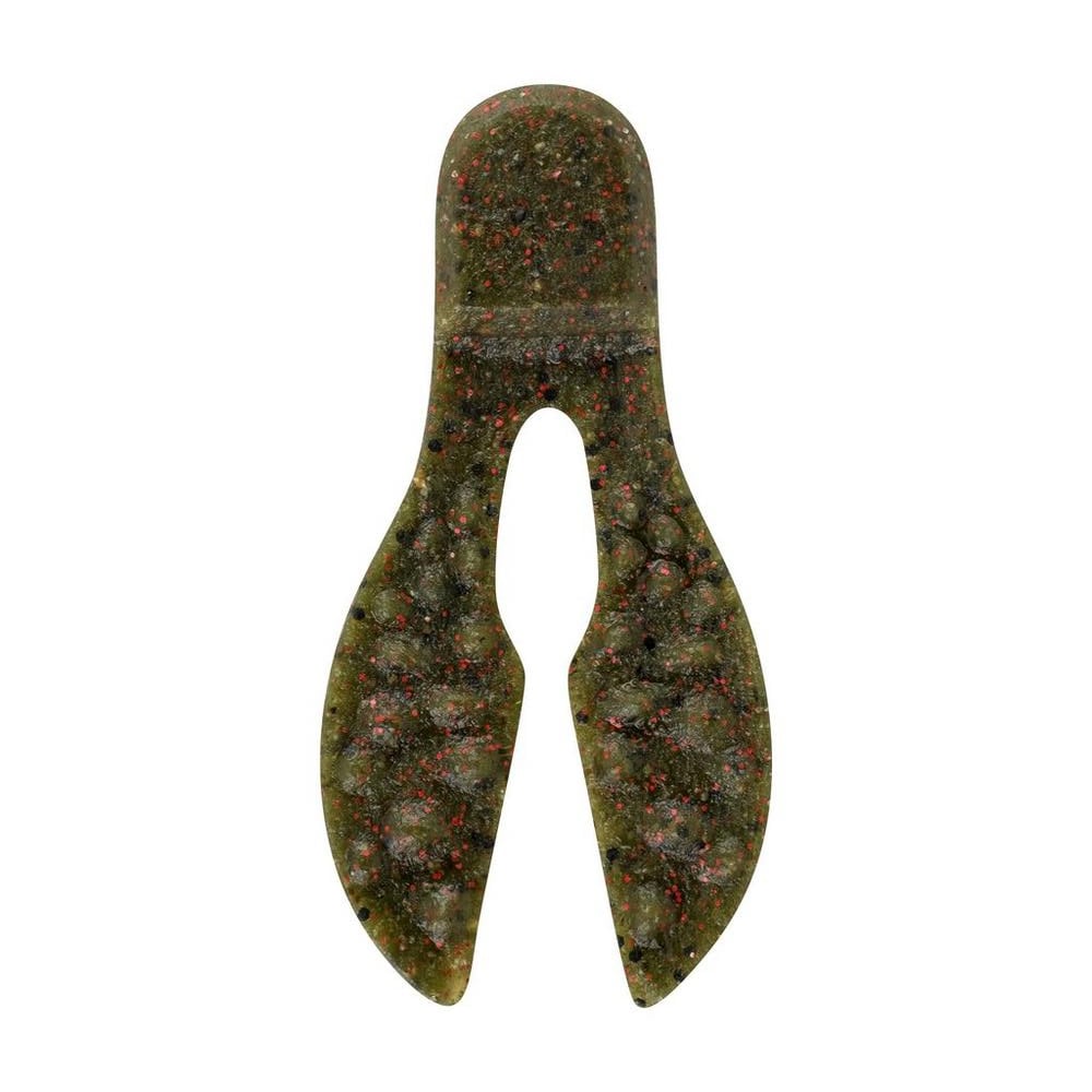 The Berkley PowerBait MaxScent Meaty Chunk is a green and brown soft plastic lure with red speckles, a rounded head, two wide split appendages, and infused with MaxScent for irresistible, realistic action.