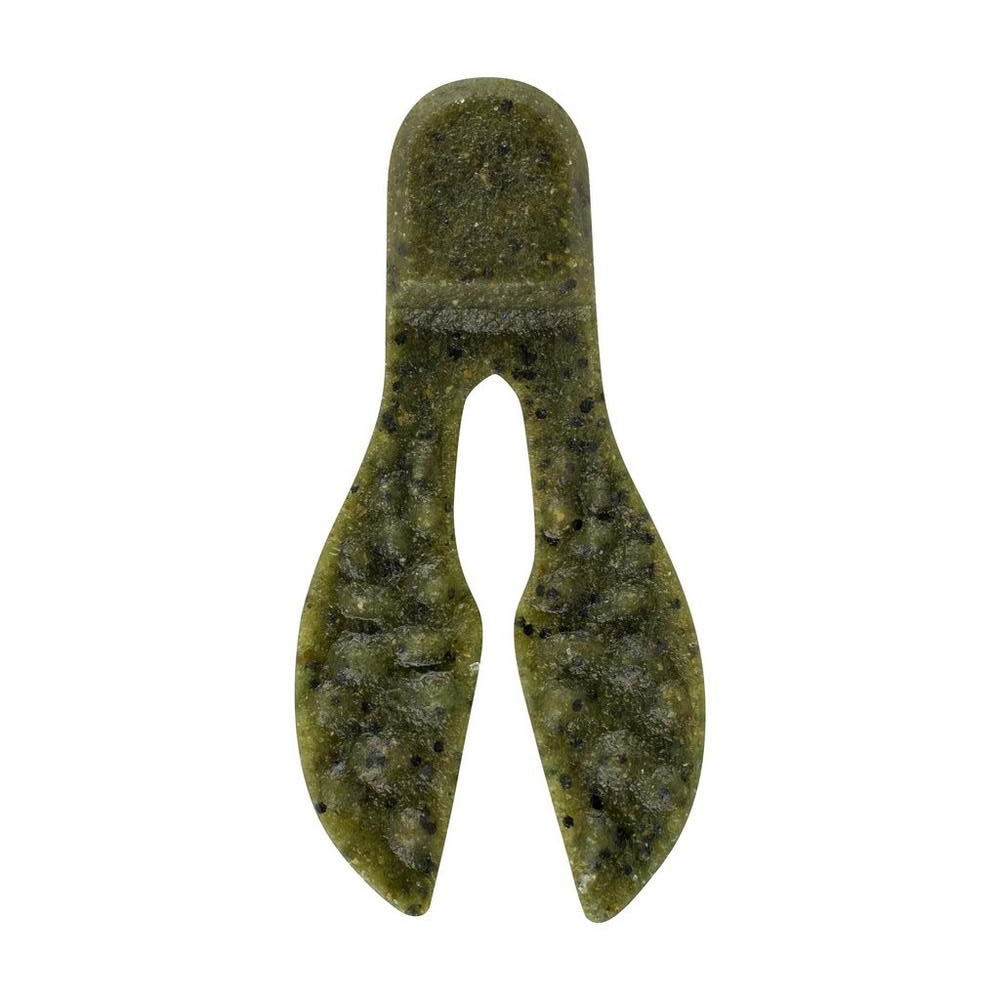 The Berkley Powerbait MaxScent Meaty Chunk by Berkley is a green, speckled, soft plastic lure with a rounded top and twin paddle tails, delivering lifelike action and an enhanced scent to attract fish effectively.