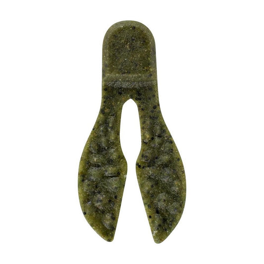 The Berkley Powerbait MaxScent Meaty Chunk by Berkley is a green, speckled, soft plastic lure with a rounded top and twin paddle tails, delivering lifelike action and an enhanced scent to attract fish effectively.