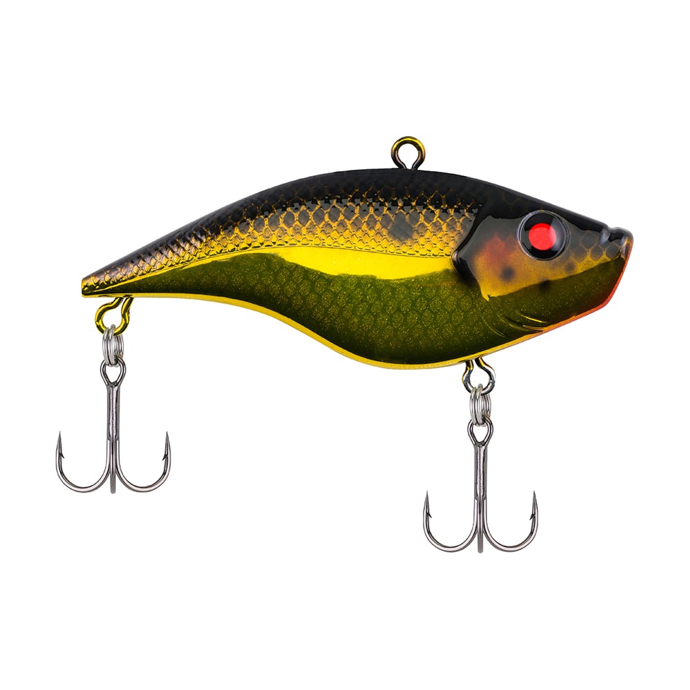 The Berkley Warpig Jr. Lipless Crankbait by Berkley is a detailed lure with a shiny, scaled texture and aggressive action. It is primarily dark green and yellow with a red eye and features two treble hooks attached to the bottom.