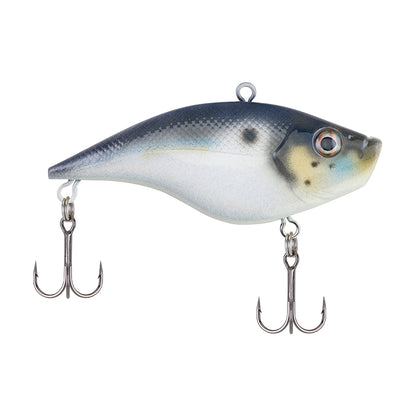 The Berkley Warpig Jr. Lipless Crankbait by Berkley is a realistic, fish-shaped hard bait with two treble hooks and a blue-gray and white body featuring a dark gill spot—perfect for enticing big bites.