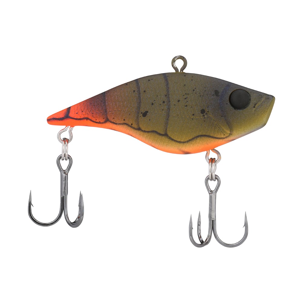 The Berkley Warpig Jr. Lipless Crankbait, by Berkley, offers an aggressive action with a segmented fish-like design. Its orange and green gradient body features two shiny treble hooks, and a small top eyelet for easy attachment.