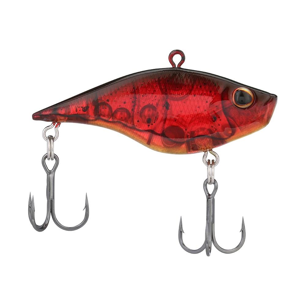 The Berkley Warpig Jr. Lipless Crankbait by Berkley, a red transparent lure styled as a lifelike fish with detailed scales and eyes, boasts aggressive action. Its lipless sinking bait has two treble hooks underneath and a top ring for the line, making it ideal for challenging waters.