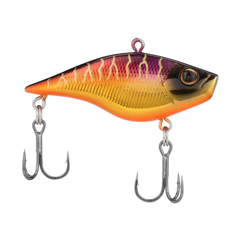 The Berkley Warpig Jr. Lipless Crankbait from Berkley is a fish-shaped, lipless sinking bait with a colorful gradient of purple, orange, and yellow. It has an aggressive action and includes two metal treble hooks on the underside.