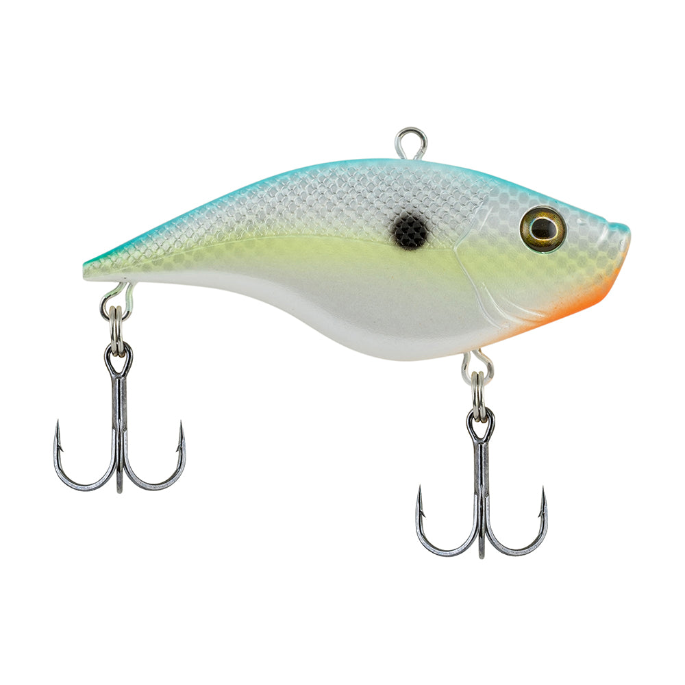 The Berkley Warpig Jr. Lipless Crankbait by Berkley features a fish shape, blue-green top, white belly, orange near the mouth, black gill spot, and two metal treble hooks.