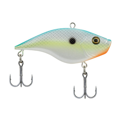 The Berkley Warpig Jr. Lipless Crankbait by Berkley features a fish shape, blue-green top, white belly, orange near the mouth, black gill spot, and two metal treble hooks.