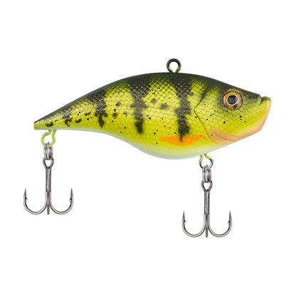 The Berkley Warpig Jr. Lipless Crankbait by Berkley boasts a vibrant green and yellow body with dark stripes, orange accents, two metal treble hooks, and an eyelet on top. It delivers aggressive action and a loud sound in the water.