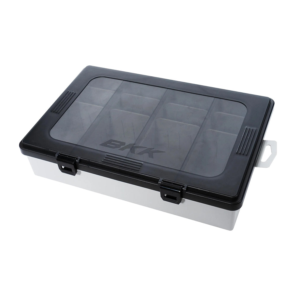 The BKK OCD Tackle Storage System | H-BC-1011 features a rectangular design with a transparent black-tinted lid, black front latches, multiple compartments, and white base. The BKK logo is printed on the lid.