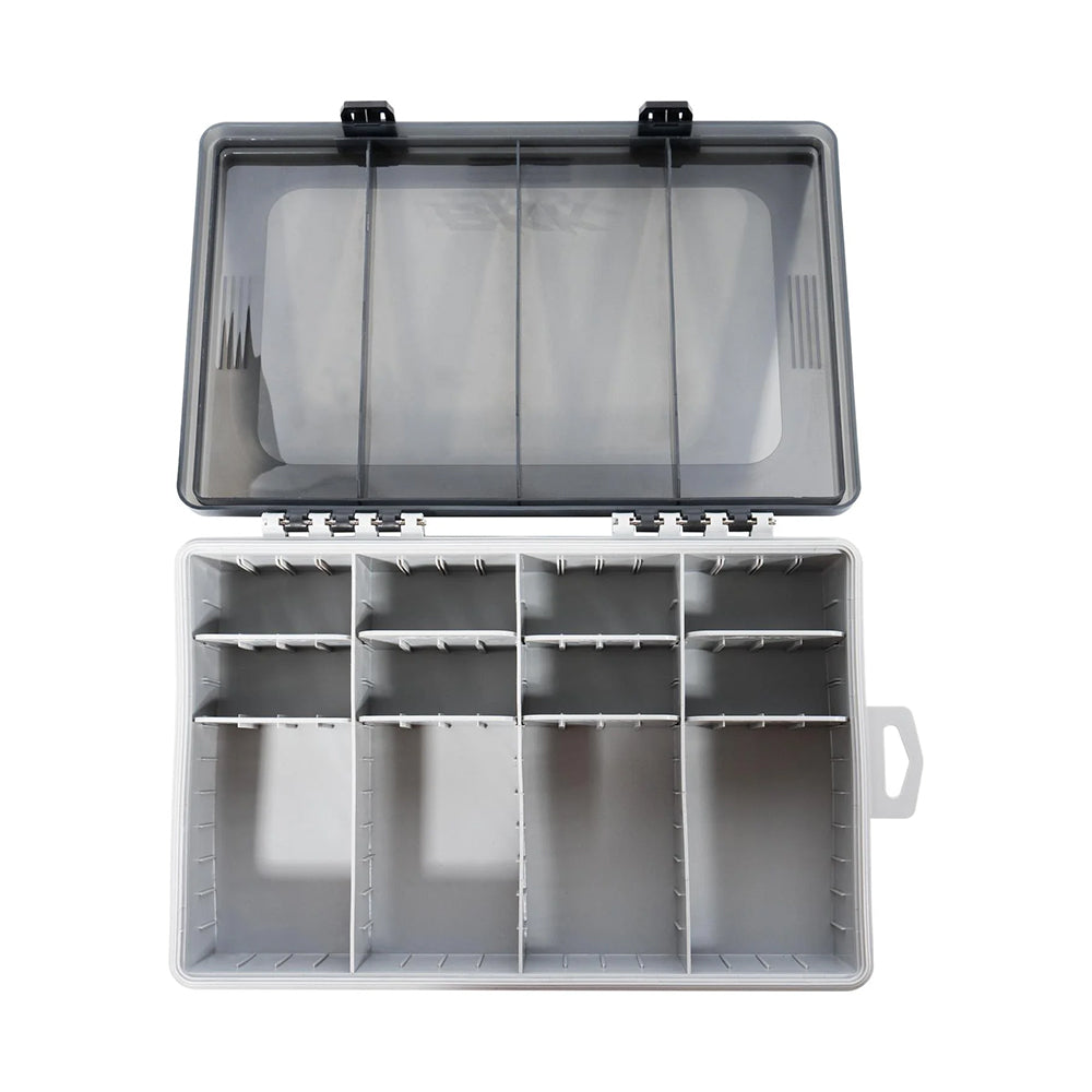 The BKK OCD Tackle Storage System | H-BC-1011 features a light gray plastic body, transparent hinged lid, white handle, and adjustable compartments to keep your gear perfectly organized.