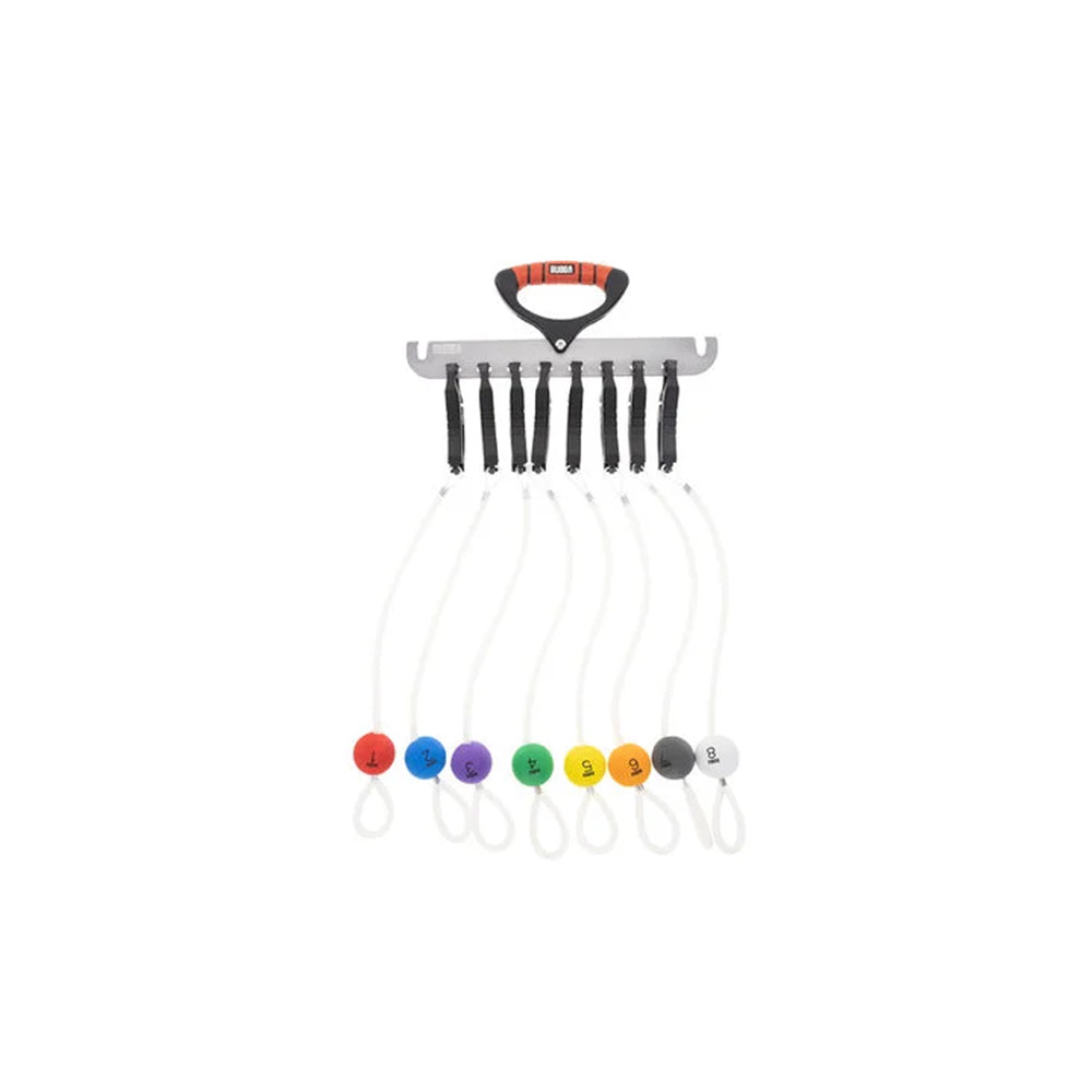 The Bubba Culling Indicator Set by Bubba includes a gray pull-up bar with red/black handles and six hanging ropes, each attached to a color-coded, numbered buoy in red, orange, green, blue, yellow, and gray.