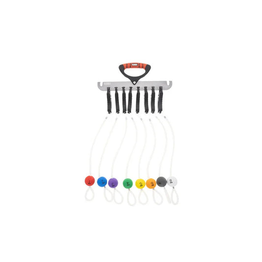 The Bubba Culling Indicator Set by Bubba includes a gray pull-up bar with red/black handles and six hanging ropes, each attached to a color-coded, numbered buoy in red, orange, green, blue, yellow, and gray.