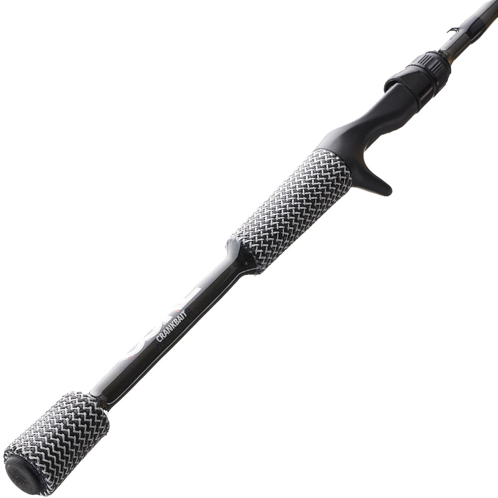 A close-up of the Cashion CORE Series Casting Rod Cranking 7'0" Medium Heavy (CC8457) handle by Cashion, featuring a textured gray and white grip and trigger-style reel seat, shown diagonally on a white background.