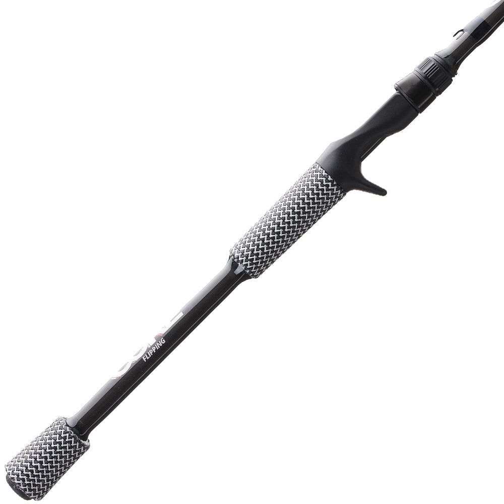 The Cashion CORE Series Casting Rod Heavy Flipping 7'6" (CFG90676) features a black handle, textured gray and white grip, and trigger-style reel seat—ideal for heavy casting and serious bass fishing.