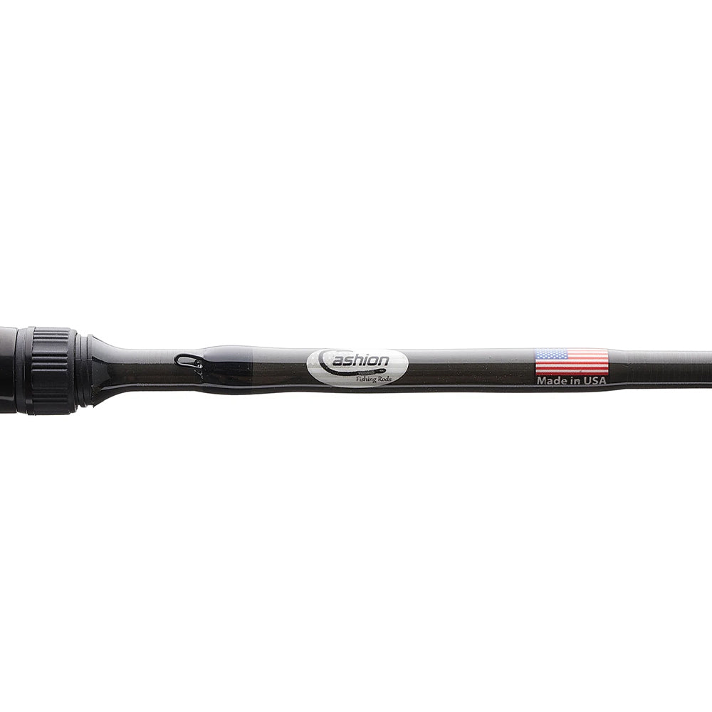 A close-up of the Cashion CORE Series Casting Rod Heavy Flipping 7'6" displays a logo, American flag, and "Made in USA" text—ideal for bass fishing with this reliable Cashion heavy rod.