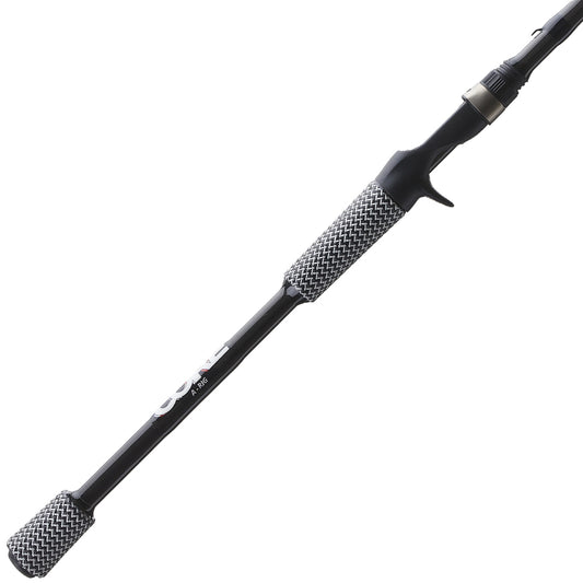 A close-up of the Cashion Rods CORE Series Casting Rod Umbrella Rig 7'10" Heavy (CS956710U) by Cashion highlights its black patterned grip, trigger-style reel seat, and modern design—perfect for throwing an Alabama rig.