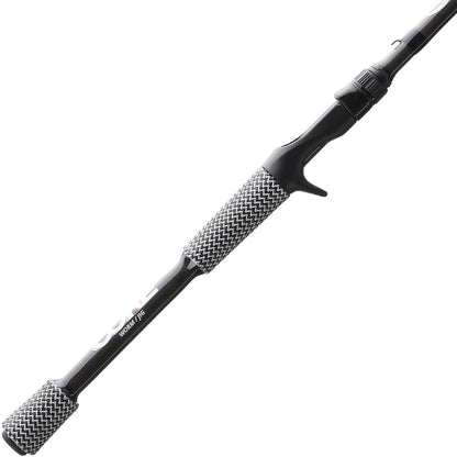 A close-up of the Cashion CORE Series Casting Rod Worm Jig 7'0" Medium (CM8427) by Cashion, featuring a textured black-and-white patterned handle, grip, and a trigger-style reel seat.