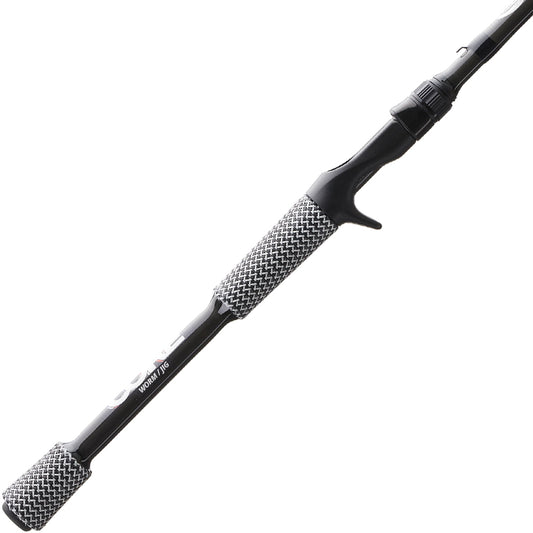 A close-up of the Cashion CORE Series Casting Rod Worm Jig 7'0" Medium (CM8427) by Cashion, featuring a textured black-and-white patterned handle, grip, and a trigger-style reel seat.