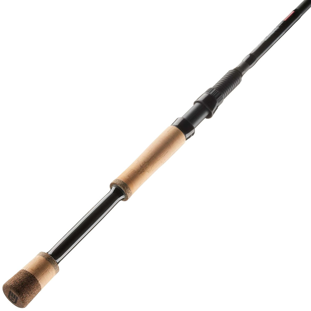 A close-up of the Cashion Rods Element Z2 Series Spinning Rod Multi Purpose 7'0" Medium Heavy (EZ2MP7MHFS) by Cashion shows its black pole and light brown cork handle grips against a white background.
