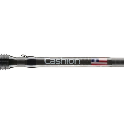 Close-up of the Cashion Rods Element Z2 Series Spinning Rod Multi Purpose 7'0" Medium Heavy, showing "Cashion" and a small American flag printed on the rod.