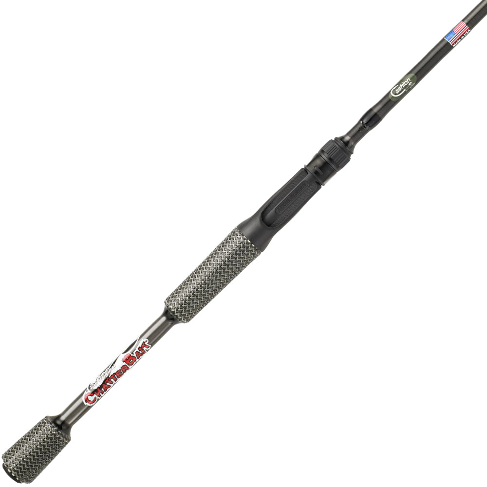 A close-up of a Cashion ICON Series Chatterbait Casting Rod 7'1" Medium Heavy with a textured gray handle, black reel seat, and "Casting Rod" branding. An American flag decal is displayed near the top of the rod.