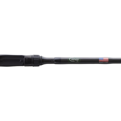 Close-up of a black Cashion ICON Series Chatterbait Casting Rod 7'1" Medium Heavy (ICH71MHMF) handle, featuring textured grip, "Cashion" label, and an American flag "Made in USA" sticker.