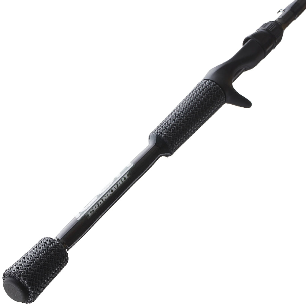 Close-up of the Cashion ICON Series Crankbait Casting Rod 7'0" Medium (IC7MMF) handle with textured grips and a trigger-style reel seat, labeled “CRANKBAIT”—premium American-made quality from Cashion for your next casting rod.