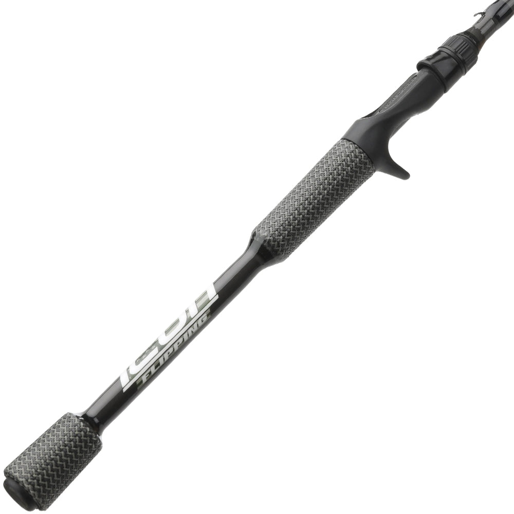 A close-up of the Cashion Rods ICON Series Flipping Casting Rod 7'6" Heavy (IF76HF) shows its black finish, textured grip, trigger-style reel seat, and white lettering along the shaft—crafted by Cashion.