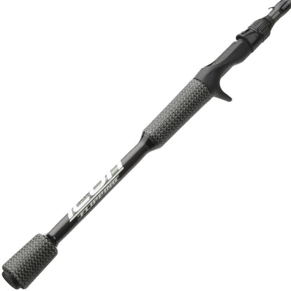 A close-up of the Cashion Rods ICON Series Flipping Casting Rod 7'6" Heavy (IF76HF) shows its black finish, textured grip, trigger-style reel seat, and white lettering along the shaft—crafted by Cashion.