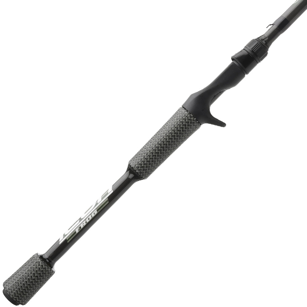 A close-up of the Cashion Rods ICON Series Frog Casting Rod 7'4" Heavy (IFR74HF) shows its black finish, textured grips, and trigger reel seat—perfect for anglers seeking a heavy power frog rod by Cashion.