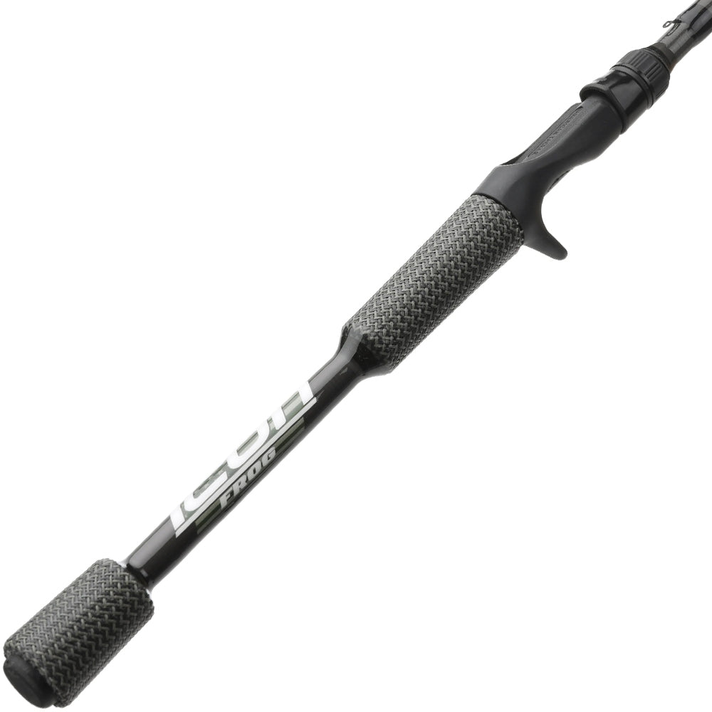 A close-up of the Cashion ICON Series Frog Casting Rod 7'4" Heavy (IFR74HF) shows its premium black and gray textured grip and trigger-style reel seat, highlighting Cashion's quality for serious frog fishing.