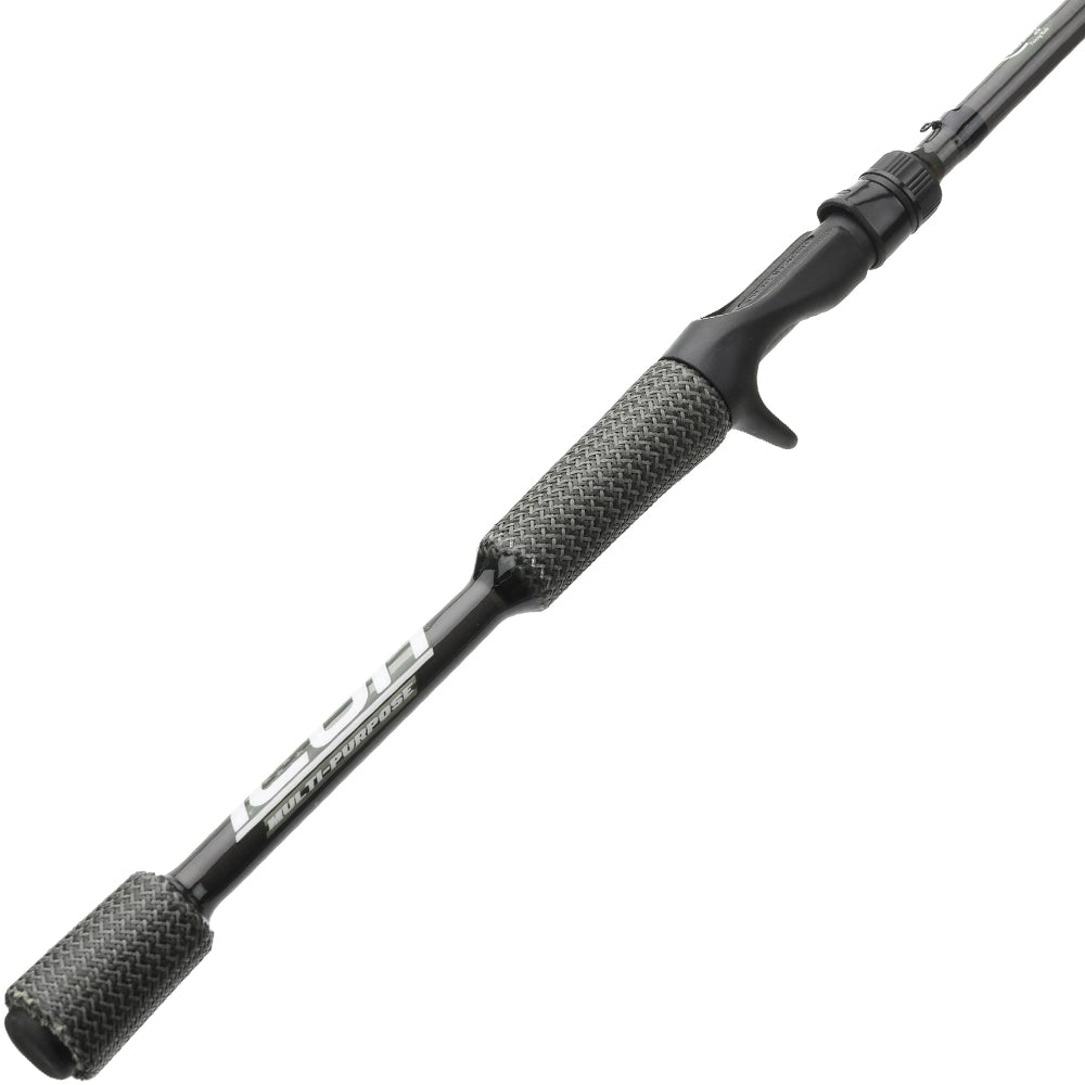 A black Cashion Rods ICON Series Multi Purpose Casting Rod 7'4" Medium Heavy (IMP74MHMF) with a textured grip handle and trigger reel seat, displayed diagonally on a white background.