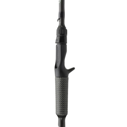 Close-up of the Cashion ICON Series Spinnerbait Casting Rod 7'2" Medium Heavy handle, showing textured grip and trigger-style reel seat with handmade carbon fiber grips.