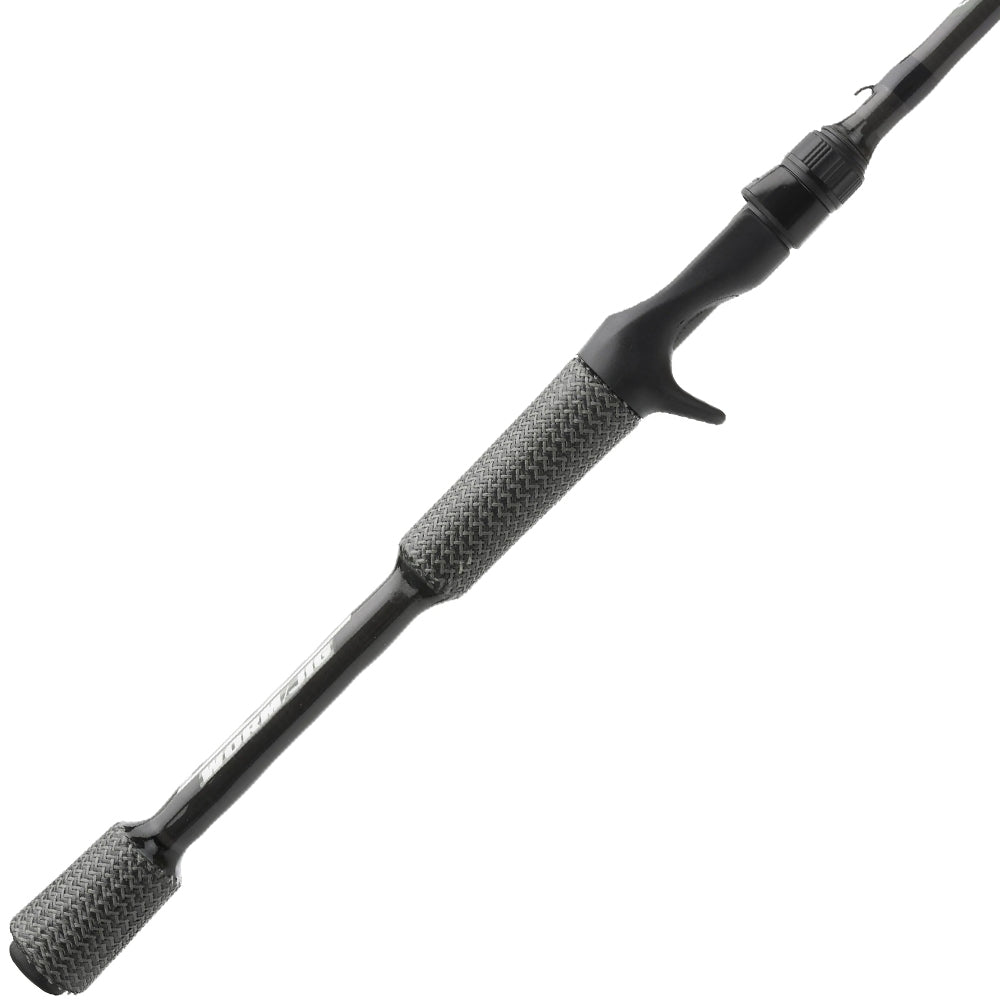 A close-up of the Cashion ICON Series Worm and Jig Casting Rod Dock Skipping 6'9" Medium Heavy (IWJ69MHF) shows its black and gray textured handle, baitcasting reel seat, and detailed grip—ideal for precision dock skipping.