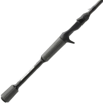A close-up of the Cashion ICON Series Worm and Jig Casting Rod Dock Skipping 6'9" Medium Heavy (IWJ69MHF) shows its black and gray textured handle, baitcasting reel seat, and detailed grip—ideal for precision dock skipping.