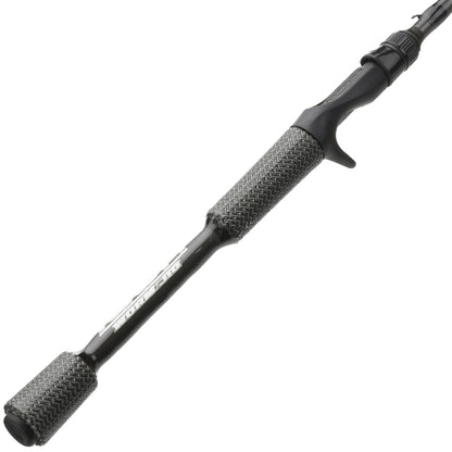 A close-up of the Cashion ICON Series Worm and Jig Casting Rod Dock Skipping 6'9" Medium Heavy (IWJ69MHF) handle by Cashion, showcasing its textured black and gray grip and trigger-style reel seat on a plain white background.