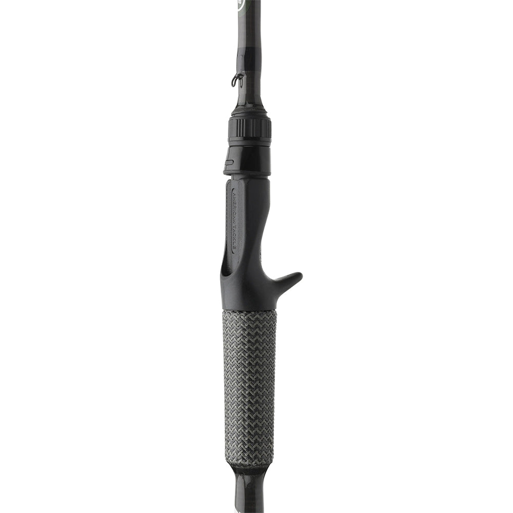 Close-up of the Cashion ICON Series Worm and Jig Casting Rod 7'0" Medium Heavy (IWJ7MHF) handle, showing its black finish, textured gray grip, and trigger-style reel seat—ideal for worm and jig techniques.