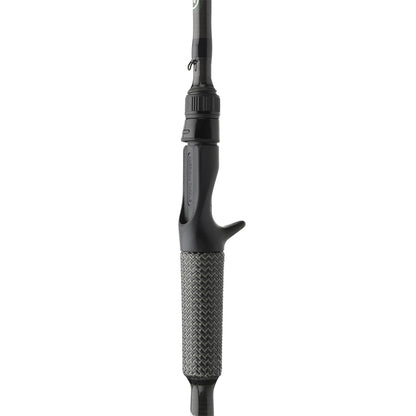 Close-up of the Cashion ICON Series Worm and Jig Casting Rod 7'0" Medium Heavy (IWJ7MHF) handle, showing its black finish, textured gray grip, and trigger-style reel seat—ideal for worm and jig techniques.