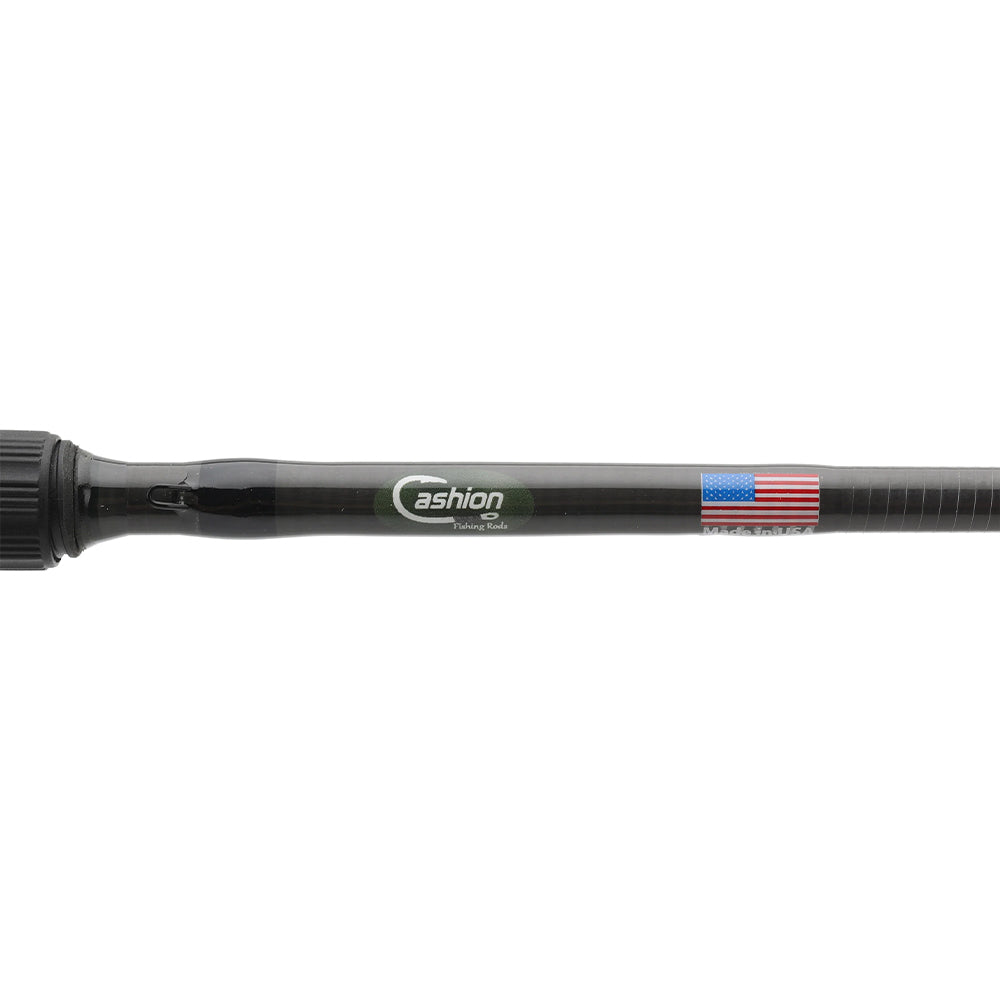 A close-up of the Cashion ICON Series Worm and Jig Casting Rod 7'0" Heavy (IWJ7HF) shows the "Cashion" logo with a USA flag sticker and a threaded end on the left side.