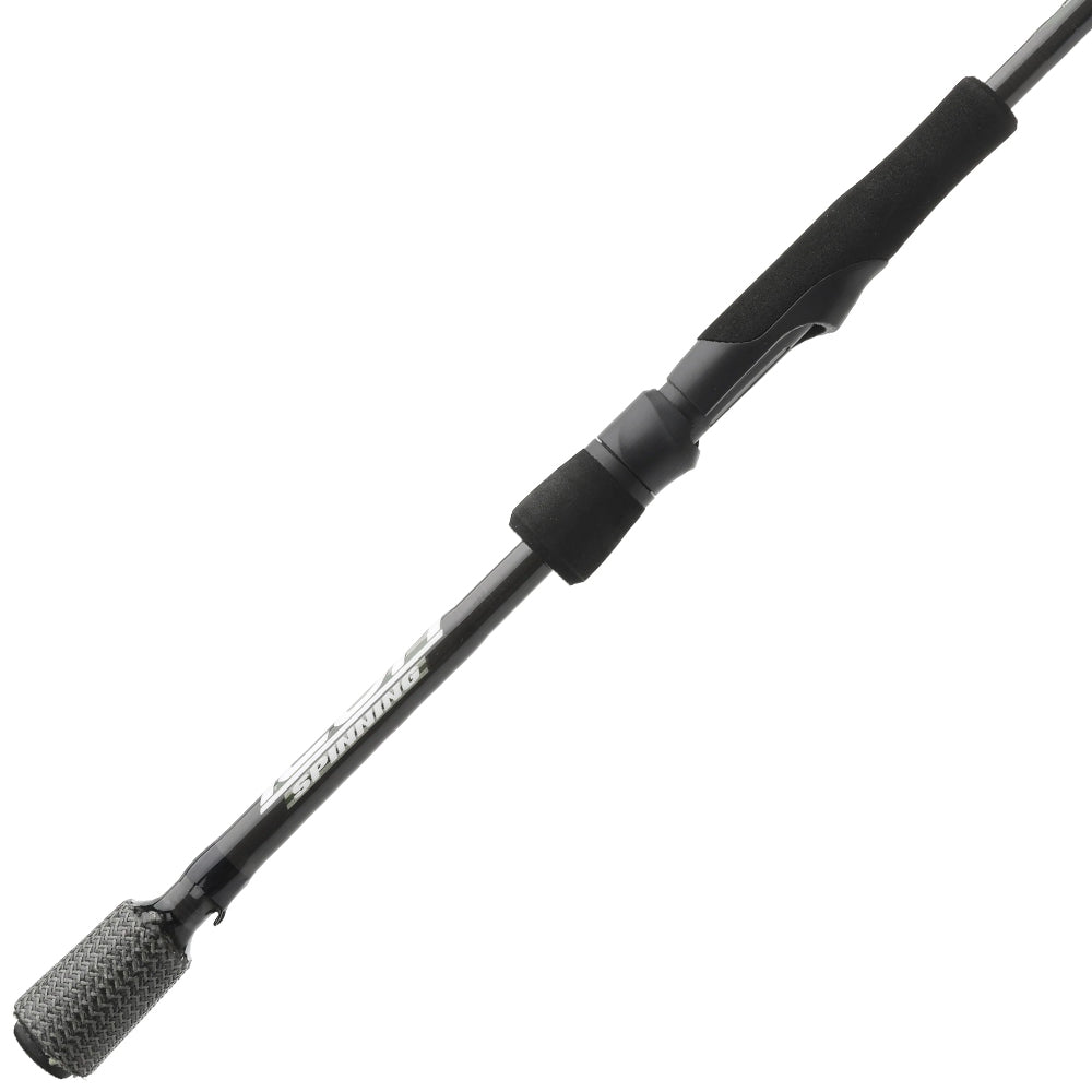 A detailed view of the Cashion ICON Series Panfish Trout Spinning Rod 6'6" Ultra Light (IPT66ULFS) shows its black finish, foam grip handle, and carbon fiber-textured butt cap—perfect for panfish and trout anglers.